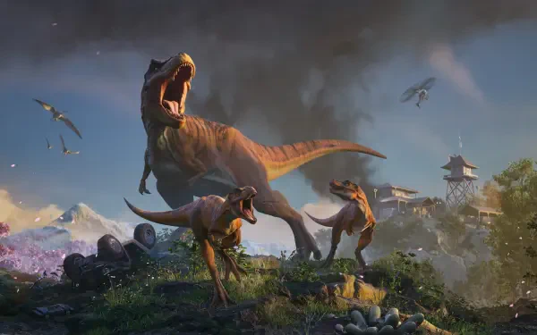 4K Ultra HD PC desktop wallpaper featuring roaring dinosaurs in a dramatic Jurassic World: Evolution landscape with flying pterosaurs and ancient structures.