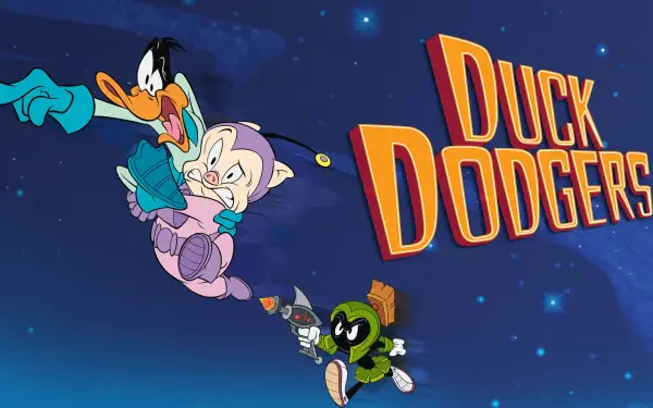 4K Ultra HD Duck Dodgers PC desktop wallpaper featuring animated characters Duck Dodgers, Porky Pig in a spacesuit, and Marvin the Martian against a starry night sky.