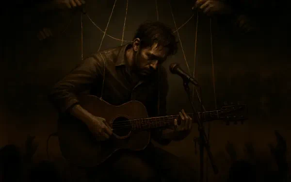 4K Ultra HD PC desktop wallpaper: a lone musician performing with an acoustic guitar under a moody spotlight, shadowy hands above like puppet strings, cinematic and intimate stage atmosphere.