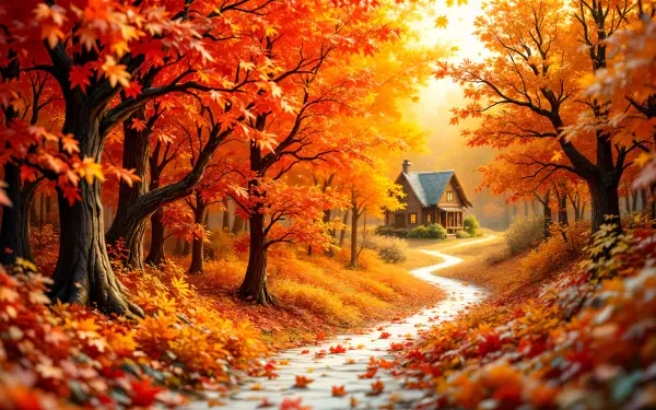 4K Ultra HD PC desktop wallpaper: sunlit path showcasing fall colors, winding through vibrant orange and red trees toward a cozy cabin, forest floor carpeted in fallen leaves.