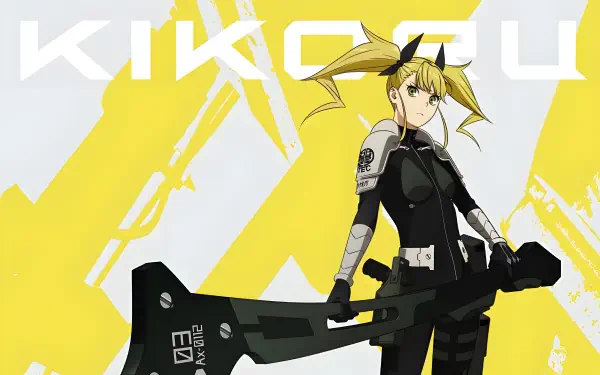 HD PC desktop wallpaper of Kikoru Shinomiya from the anime Kaiju No. 8, posed with a large blade-like weapon against a bold yellow graphic background.