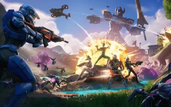 Fortnite Battle Royale 4K Ultra HD PC desktop wallpaper and background: dynamic island battlefield with armed characters, explosions, flying vehicles and a towering mech under a vivid sky.