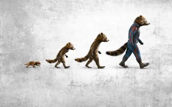 Guardians of the Galaxy Vol. 3 4K Ultra HD PC desktop wallpaper showing Rocket Raccoon evolving from a cub to an adult in a left-to-right progression on a textured gray background.