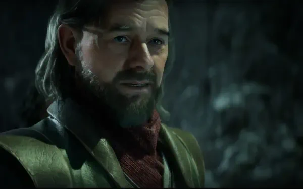 HD PC desktop wallpaper and background: close-up of a bearded, armored character from the video game Echoes of the End, tense expression against a dim, rocky cavern backdrop.
