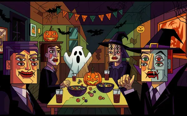 Geometric cubist Halloween Party scene: costumed guests at a candy-strewn table with jack-o'-lanterns, ghost decor and bats — 4K Ultra HD PC desktop wallpaper and background.