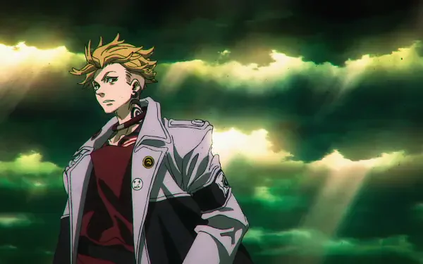 Anime Gachiakuta 4K Ultra HD PC desktop wallpaper: stoic blond protagonist in a long coat stands before dramatic glowing green storm clouds.