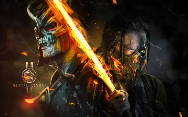 Mortal Kombat 2 (2025) 4K Ultra HD PC desktop wallpaper: two fiery warriors — one with a flaming skull mask, the other masked and gripping a glowing blade amid embers and smoke.