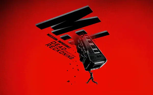 Mission: Impossible - Dead Reckoning Part One 4K Ultra HD PC desktop wallpaper: shattered IMF emblem and derailed train car tumbling across a bold red background.