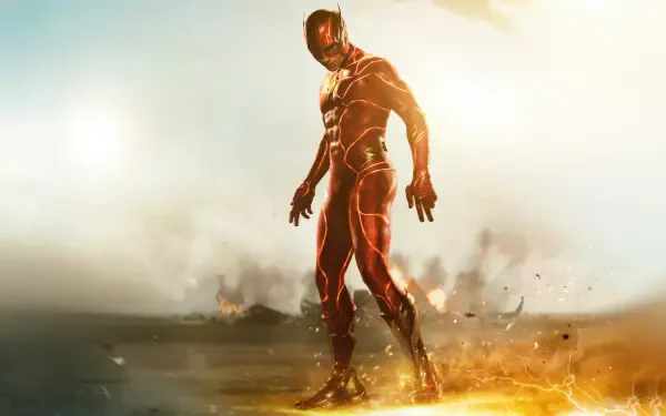The Flash (2023) in his red suit stands amid sparks and lightning on scorched ground — cinematic 4K Ultra HD PC desktop wallpaper and background.