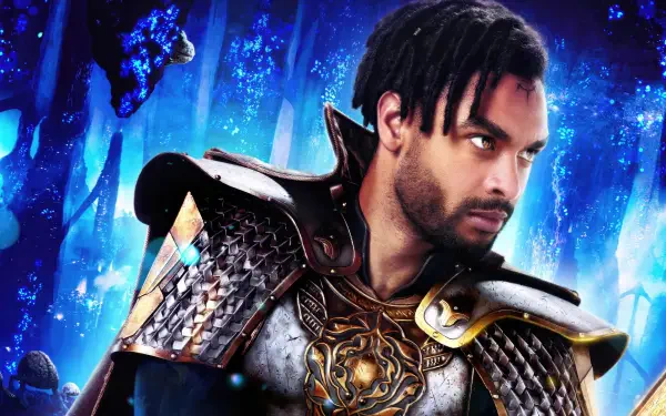 Dungeons & Dragons: Honor Among Thieves 4K Ultra HD PC desktop wallpaper and background — armored hero with dreadlocks and ornate chestplate gazes right against a glowing blue crystal cavern.