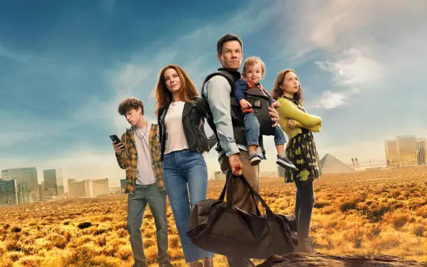 The Family Plan 4K Ultra HD PC desktop wallpaper: a family on a desert road at sunset — a man carrying a toddler and duffel, two older children at his sides, city skyline on the horizon.