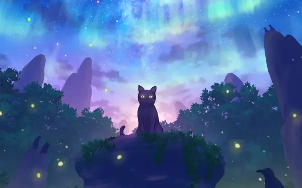 Flow (2024) — 4K Ultra HD PC Desktop Wallpaper and Background: silhouetted black cat on a mossy cliff at twilight, glowing aurora and fireflies over misty rock pillars.