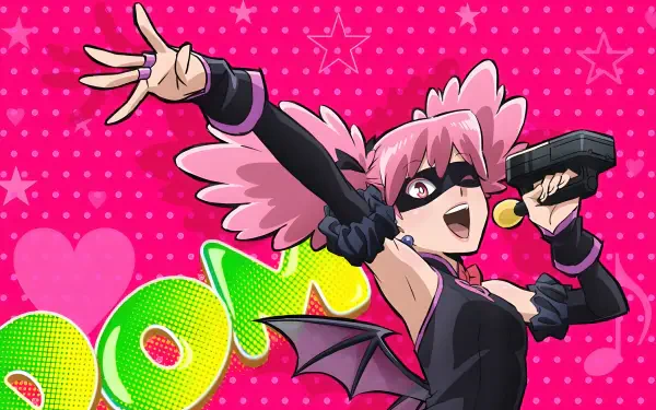 My Hero Academia: Vigilantes 4K Ultra HD PC desktop wallpaper of a pink‑haired masked heroine posing with a microphone against a neon pink, starry, heart-patterned background.