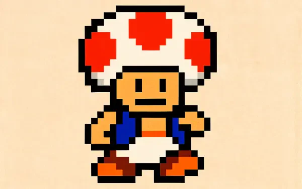 Pixel-art Toad (Mario) centered on a beige background, retro 8-bit sprite presented as a 4K Ultra HD PC desktop wallpaper/background.