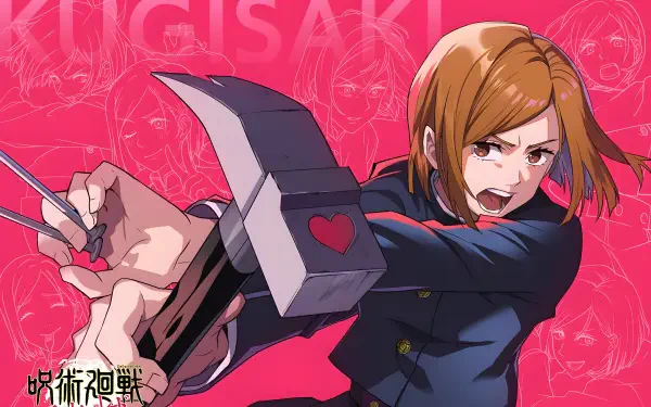 Anime Jujutsu Kaisen, Nobara Kugisaki in 4K Ultra HD PC wallpaper, swinging a hammer and nails against a vivid pink, rose-patterned background.