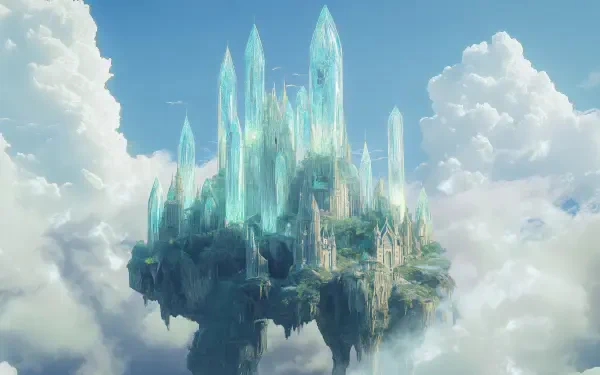 4K Ultra HD fantasy wallpaper: a floating crystal castle with turquoise spires rising from a rocky island amid clouds, bright sky — PC desktop background.