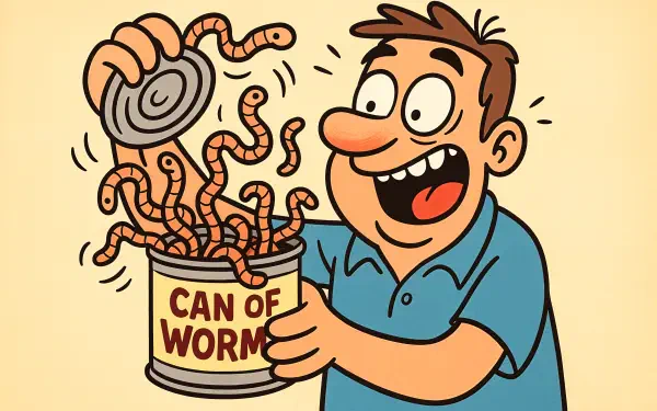 Funny 4K Ultra HD PC desktop wallpaper: cartoon man gleefully opens a can labeled Can of Worms as dozens of wiggling worms spill out.