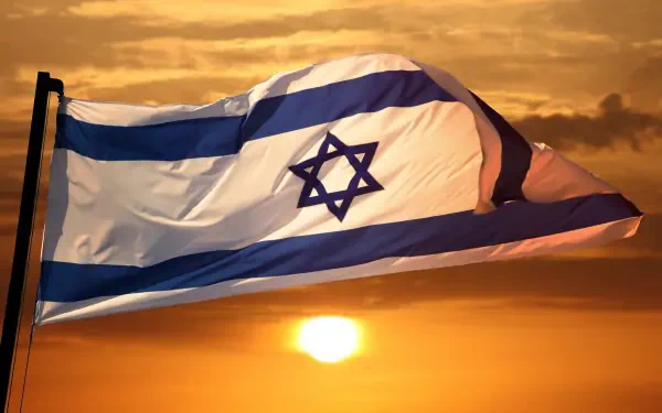 Israeli national flag with blue Star of David waving against a golden sunset — HD desktop wallpaper background.