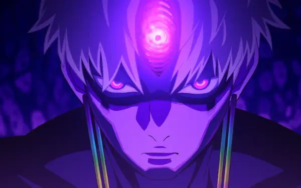 HD PC desktop wallpaper/background: anime Dandadan's Jin Enjouji with a glowing third eye, purple aura and an intense neon-lit stare.