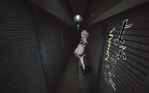 HD PC wallpaper of Nazuna Nanakusa (Call of the Night) standing in a dim, narrow alley between shuttered storefronts, with the series title in Japanese along the right side.