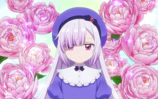 Anime HD PC desktop wallpaper from Atelier (Welcome to the Outcast's Restaurant!): lavender-haired girl in a beret and frilled collar framed by large pink peonies.