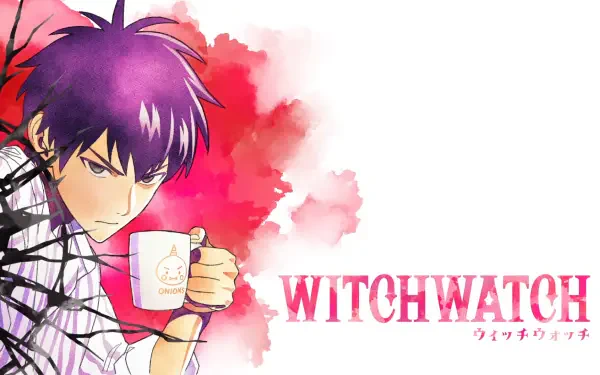HD PC desktop wallpaper featuring Morihito Otogi from the anime WITCH WATCH — purple-haired, brooding character holding a mug against a pink watercolor background and WITCH WATCH logo.