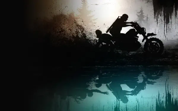 Days Gone 4K Ultra HD PC desktop wallpaper and background: silhouetted rider on a motorcycle splashes through water with a dark forest reflection and grungy textures.