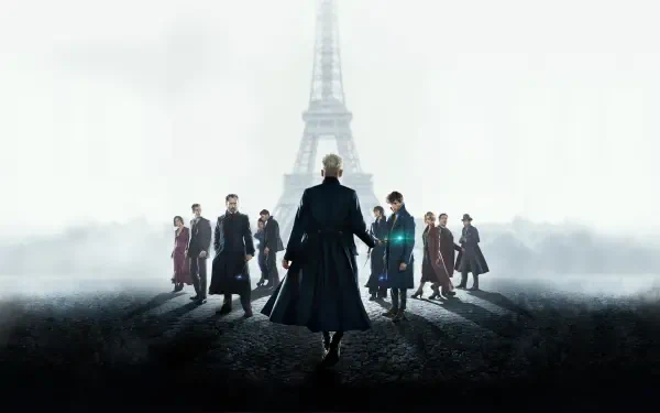 Fantastic Beasts: The Crimes of Grindelwald 4K Ultra HD PC desktop wallpaper showing Grindelwald's silhouette leading a group across a foggy Paris street with the Eiffel Tower looming.