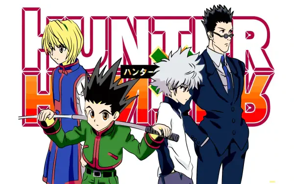 Hunter x Hunter 4K Ultra HD PC desktop wallpaper/background: Gon, Killua, Kurapika and Leorio pose together in front of a bold red series logo.