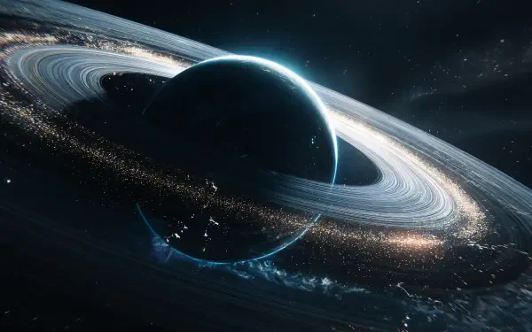 4K Ultra HD PC desktop wallpaper: sci-fi scene of a massive ringed planet with luminous rings, drifting debris, and distant stars.