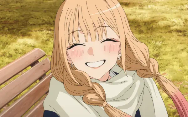 Anime HD PC desktop wallpaper/background of Marin Kitagawa from My Dress‑Up Darling, smiling on a park bench in a cozy scarf with warm autumn tones.