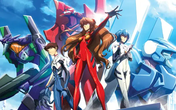 Evangelion 03 4K Ultra HD PC desktop wallpaper: three pilots in plugsuits (Asuka center) with towering EVA units looming behind against a vivid blue sky.