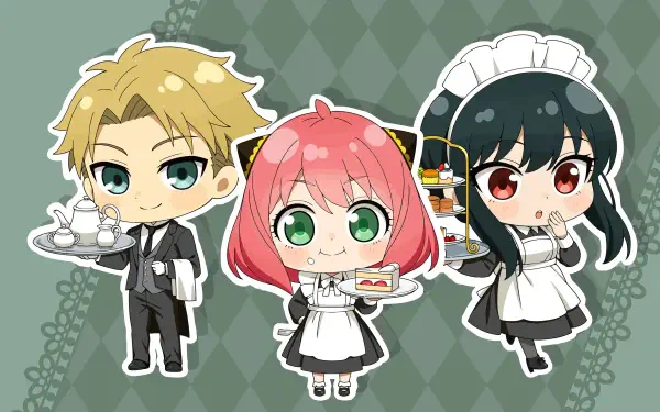 Chibi Spy x Family 4K Ultra HD PC desktop wallpaper: Anya center with cake, Loid left with tea set, Yor right in maid outfit, green diamond-patterned background.