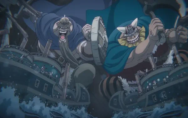 HD PC desktop wallpaper/background of One Piece giants Brogy and Dorry clashing aboard towering warships under a stormy night sky, waves crashing and dramatic lighting.