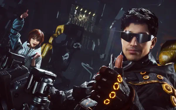 HD PC desktop wallpaper from the video game Stellar Blade: a sunglasses-wearing male operative in futuristic armor gestures forward while a female warrior readies a weapon in a sci‑fi ruin.