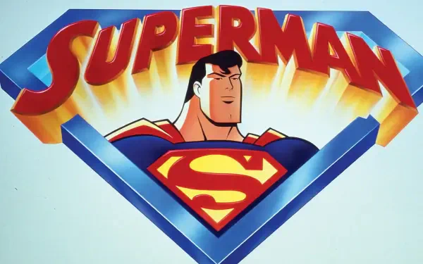 Animated Superman bust in a glowing blue diamond emblem with bold red S and sunrise rays — Superman: The Animated Series HD PC wallpaper and background.