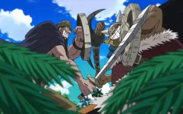 Anime One Piece HD PC desktop wallpaper and background of giants Dorry and Brogy clashing swords on a sunny island, palm leaves framing the dramatic duel.