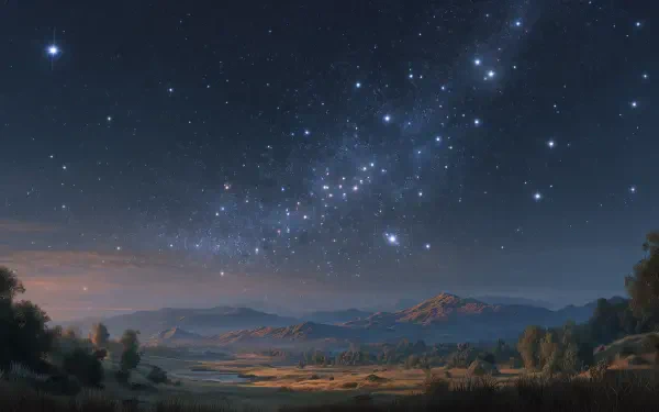 HD PC desktop wallpaper: stargazing scene with the Milky Way arching over a mountain landscape, wide valley and twinkling stars.