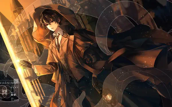 Novel-themed 4K Ultra HD PC desktop wallpaper of a cloaked young man in a brown coat wielding a glowing sword against a moody, rain-swept cityscape.