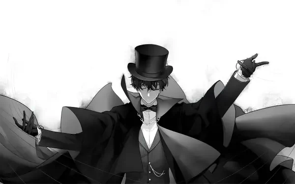 Novel 4K Ultra HD PC desktop wallpaper/background: monochrome anime gentleman in top hat, tuxedo and cape, arms outstretched in a dramatic noir pose.