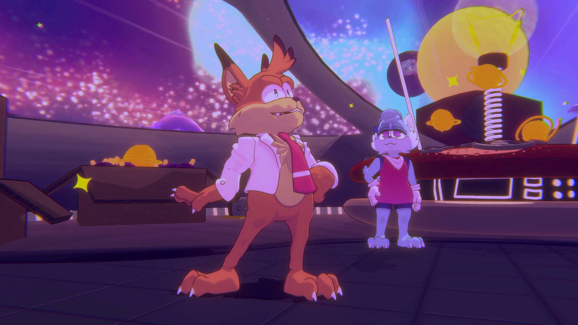 Bubsy 4D video game 4K Ultra HD PC desktop wallpaper/background: Bubsy and a rabbit sidekick stand in a neon sci‑fi hub with glowing orbs and a starry backdrop.