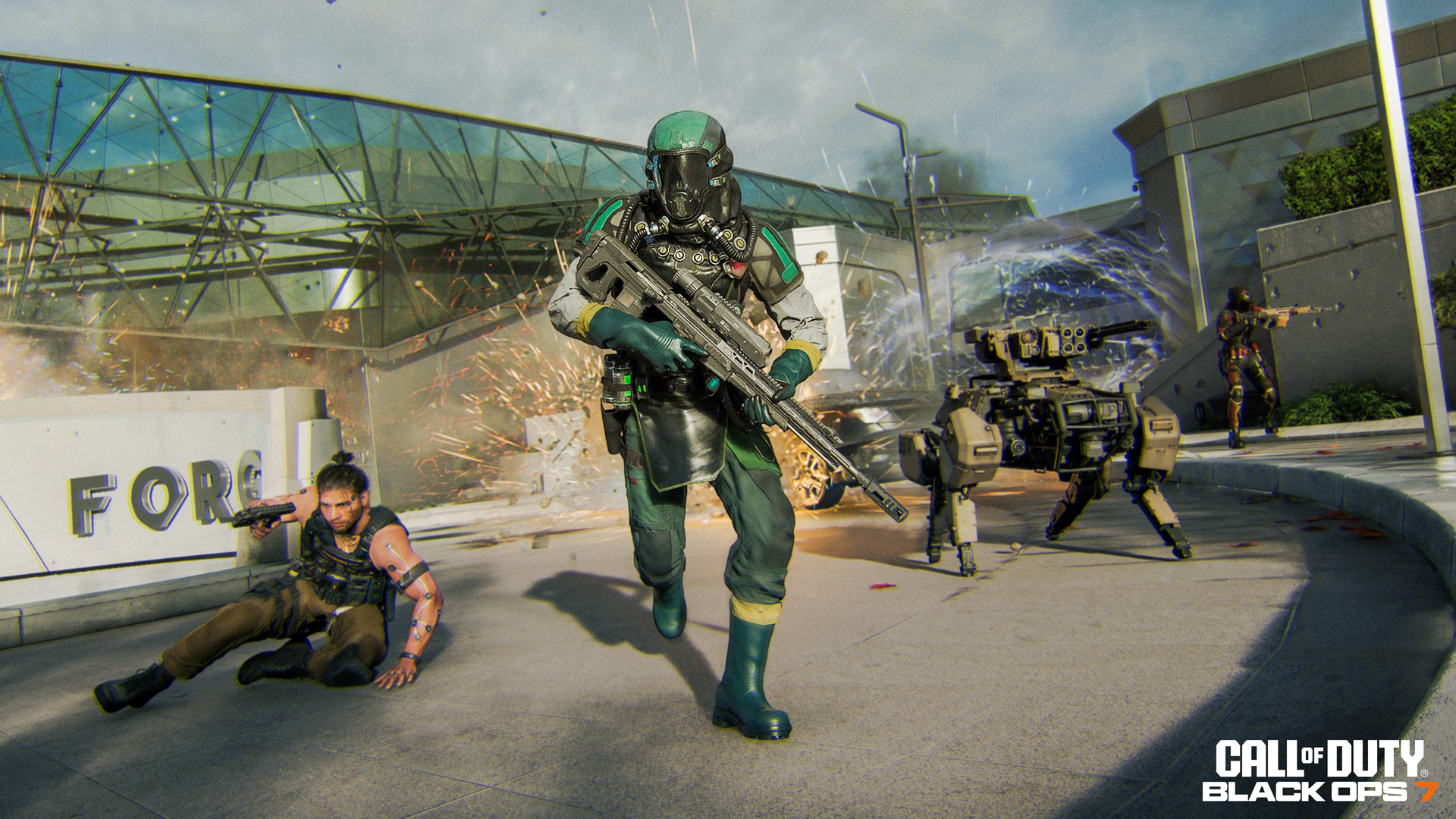 HD PC desktop wallpaper/background for the video game Call of Duty: Black Ops 7 — a sniper in futuristic armor advances with rifle, robotic dog and teammates in an urban combat scene.