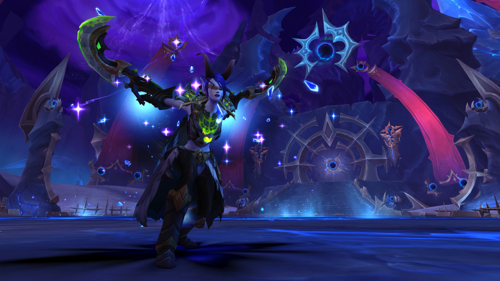 4K Ultra HD PC desktop wallpaper of the video game World of Warcraft: Midnight — a shadowy figure wielding a glowing dagger inside a vast, purple, portal-lit chamber.