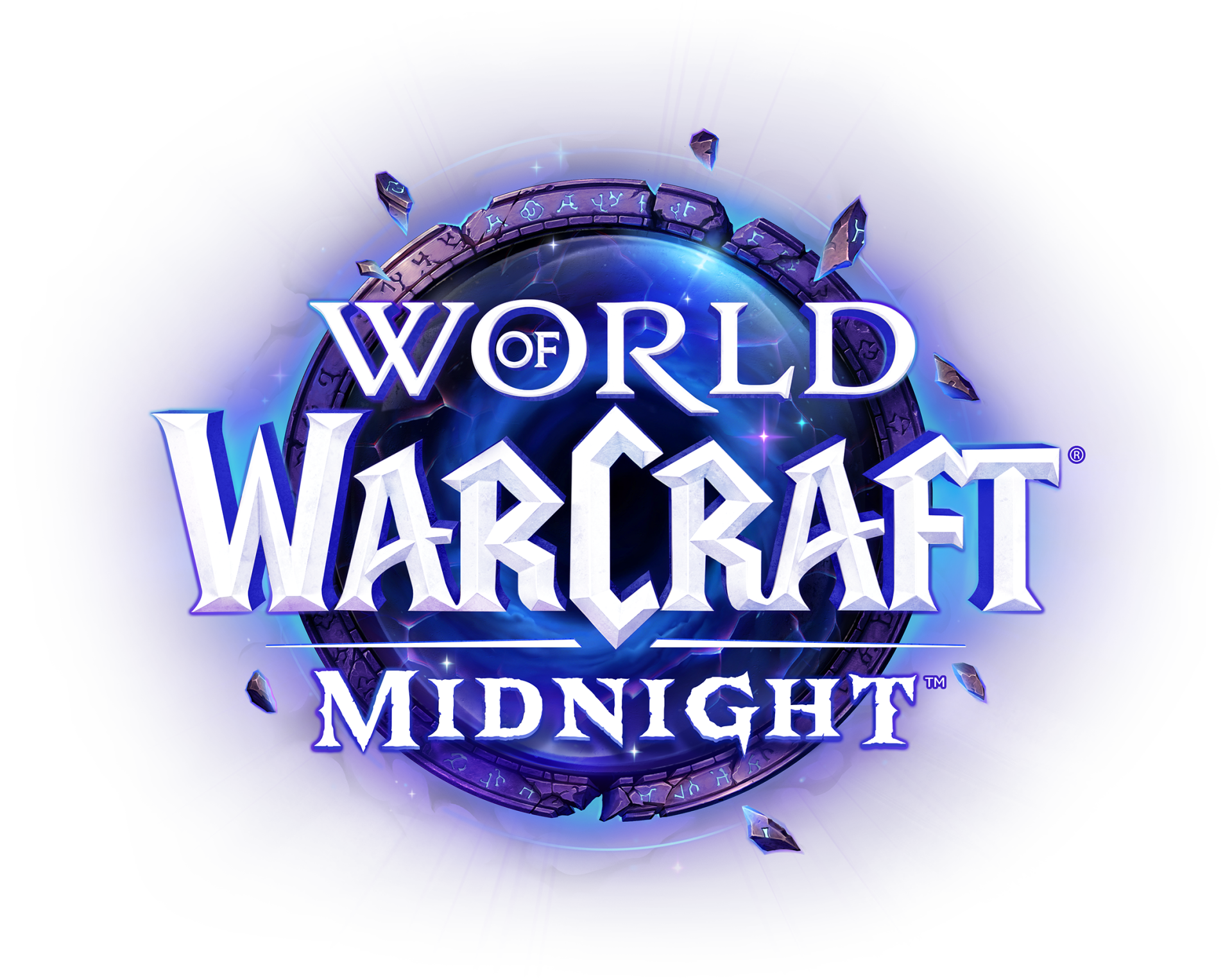 World of Warcraft: Midnight logo centered on a deep blue HD PC desktop wallpaper, featuring the game's emblem with a glowing ring and floating crystal shards.