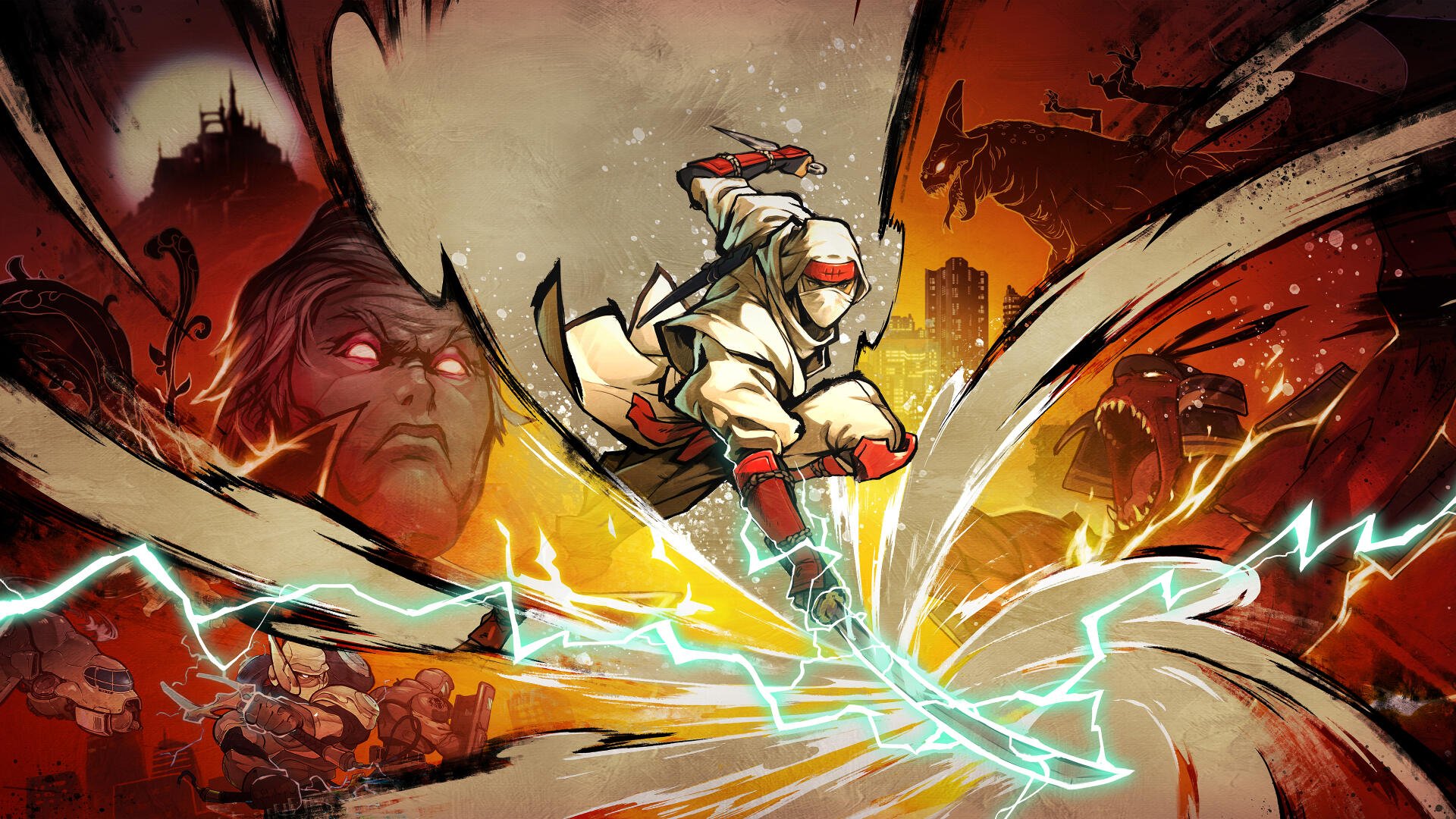 4K Ultra HD PC desktop wallpaper for the video game SHINOBI: Art of Vengeance — a ninja leaps with blades through crackling lightning against a fiery city-ruin backdrop.