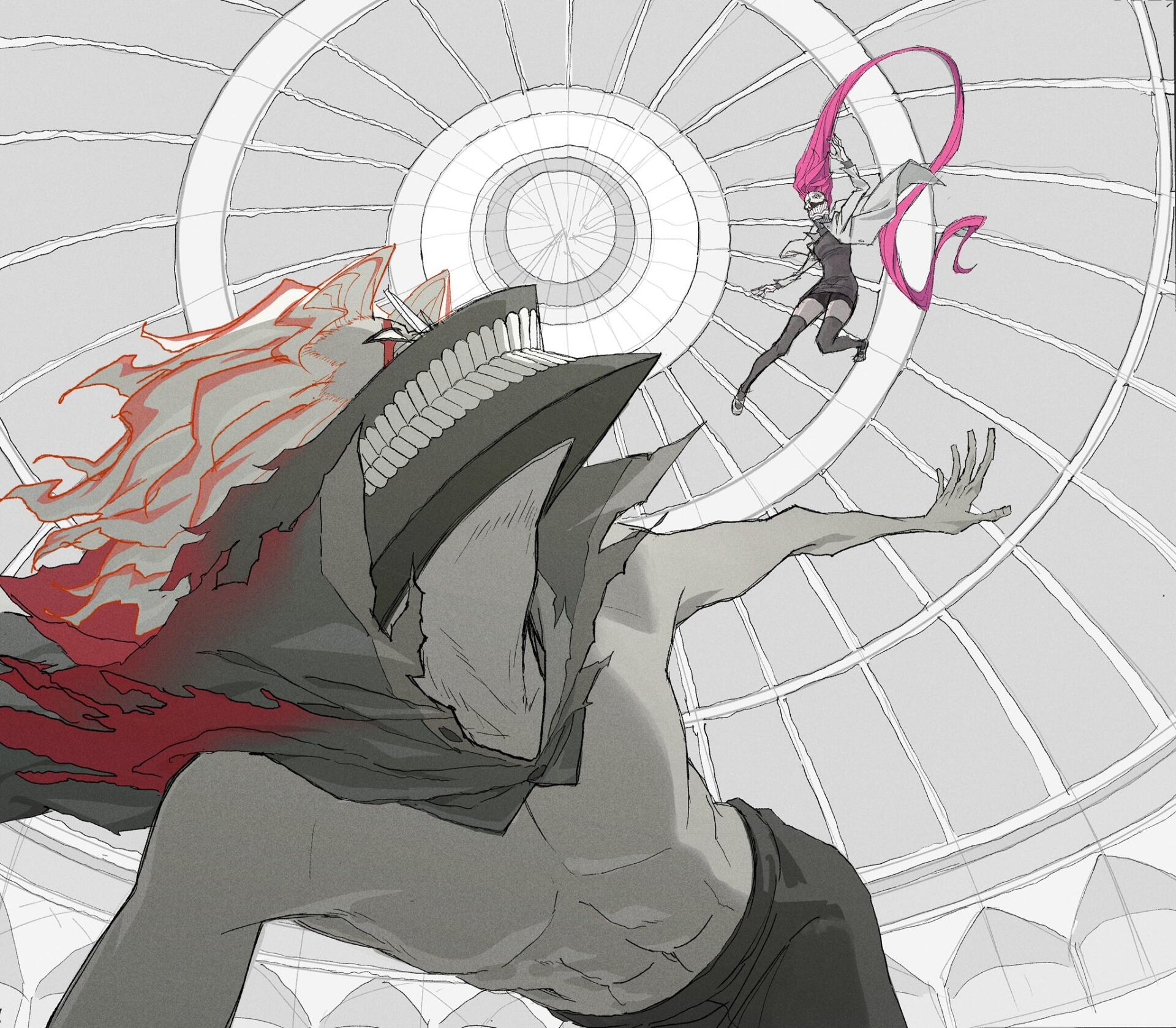 Anime Dandadan HD wallpaper (tags: Ken Takakura, Aira Shiratori) — a monstrous, flaming-mane figure lunges toward pink-clad Aira as they clash beneath a spiraled glass dome.