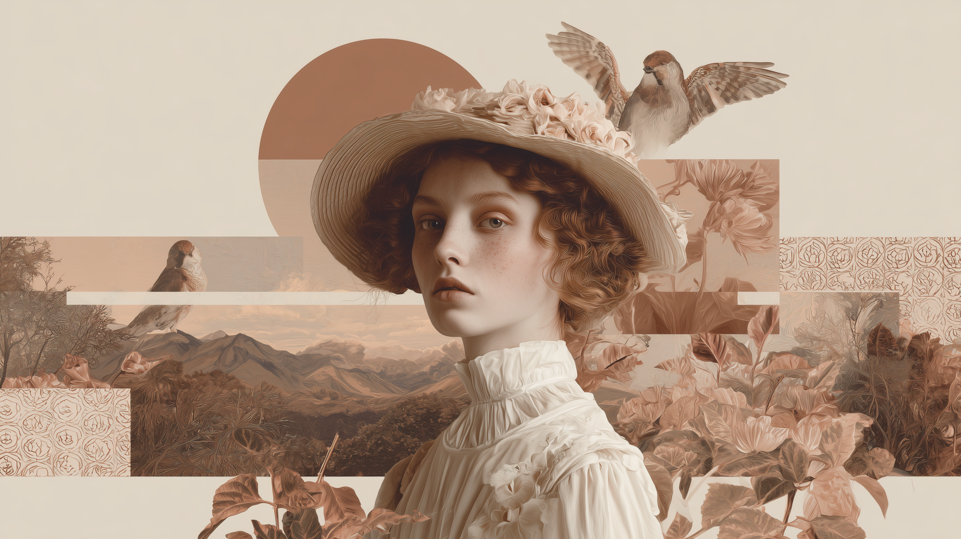 Pastel aesthetic collage HD PC desktop wallpaper: vintage woman in a wide-brim hat amid doves, faded landscapes and floral motifs.