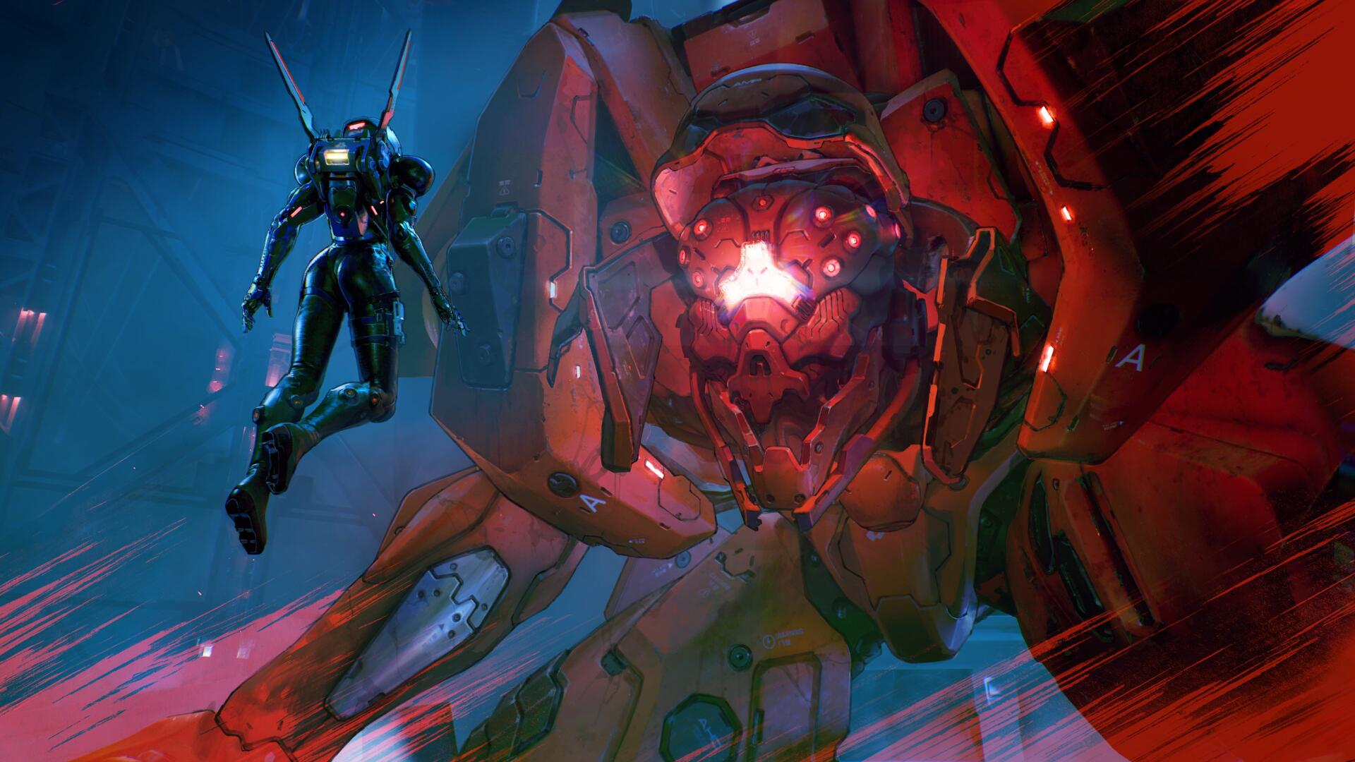4K Ultra HD PC desktop wallpaper/background from the video game Metal Eden: a glowing red giant mech in a sci‑fi battle as a pilot in a combat suit leaps beside it.
