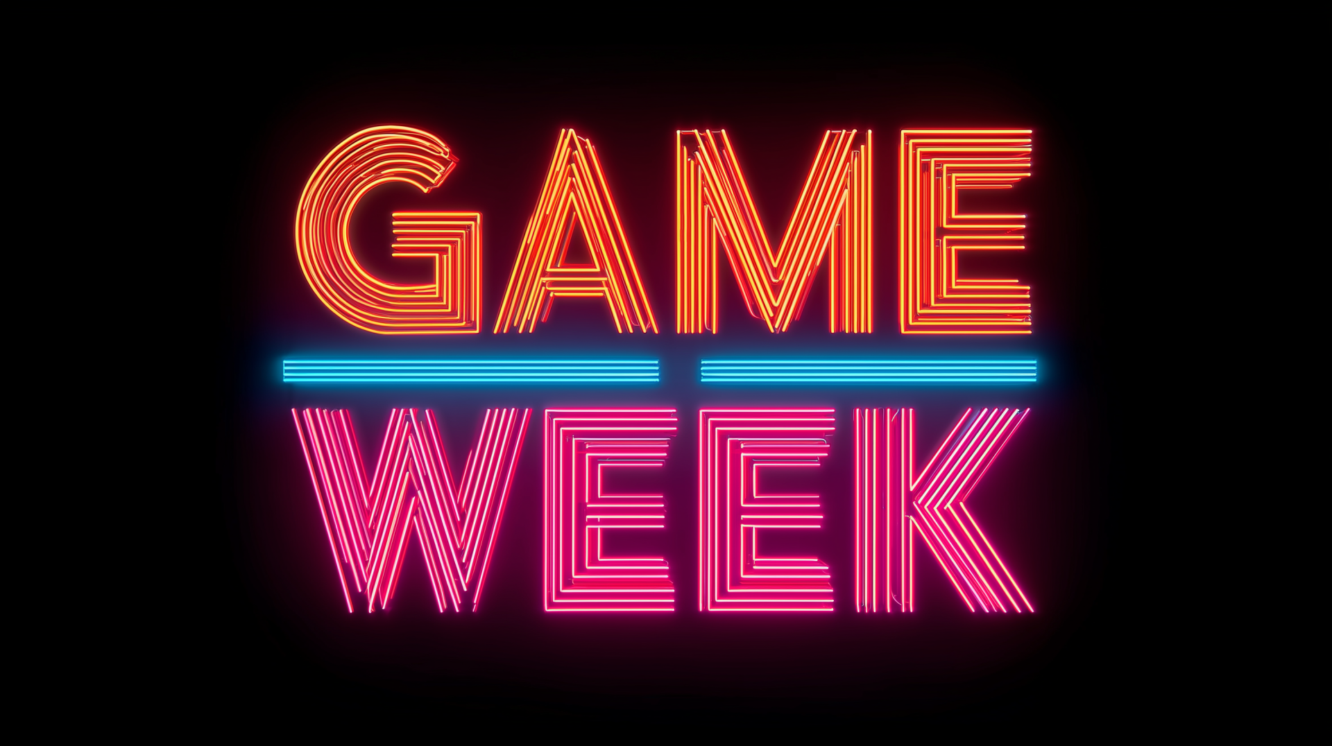 HD PC desktop wallpaper/background: neon GAME WEEK sign with red, cyan and pink glowing stripes on a black backdrop.
