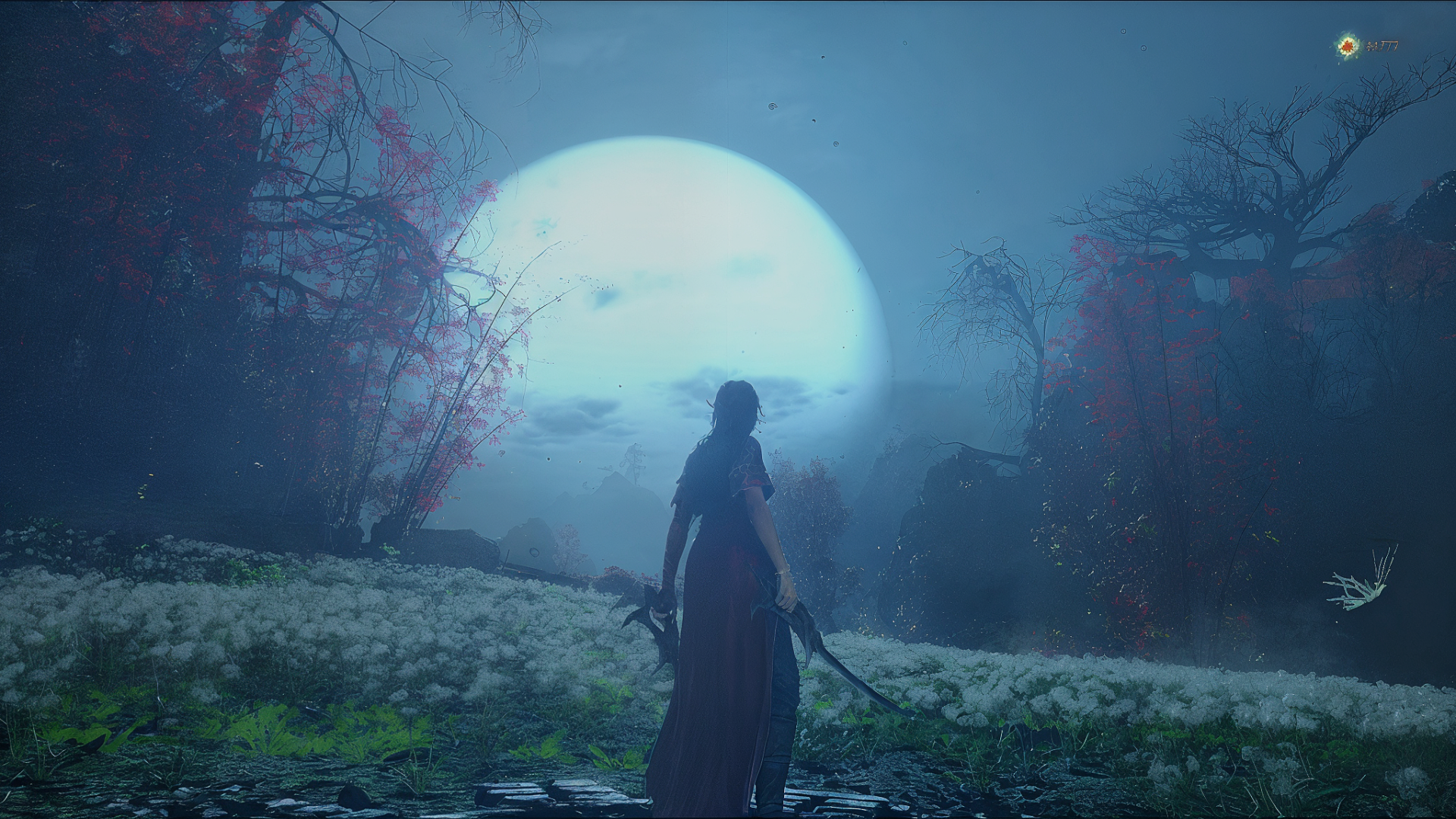 Wuchang: Fallen Feathers video game screenshot — HD PC desktop wallpaper and background of a lone swordsman silhouetted before a huge moon over misty marsh and ruined trees.